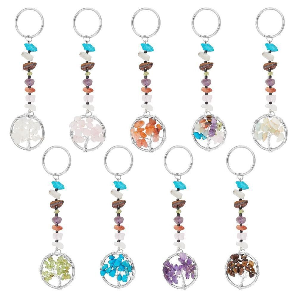 9450 9Pcs 9 Colors Rainbow 7 Chakra Gemstone Beads Keychains with Alloy